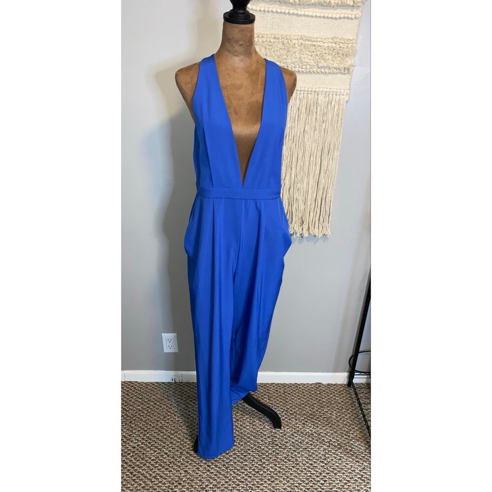 Mustard Seed Royal Blue Plunge Jumpsuit Cross Back Open Back Wide Leg Size L